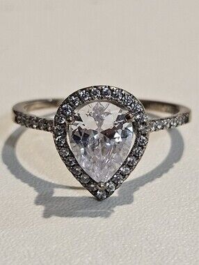 Sterling Silver Teardrop Halo Ring with Clear Crystal Center